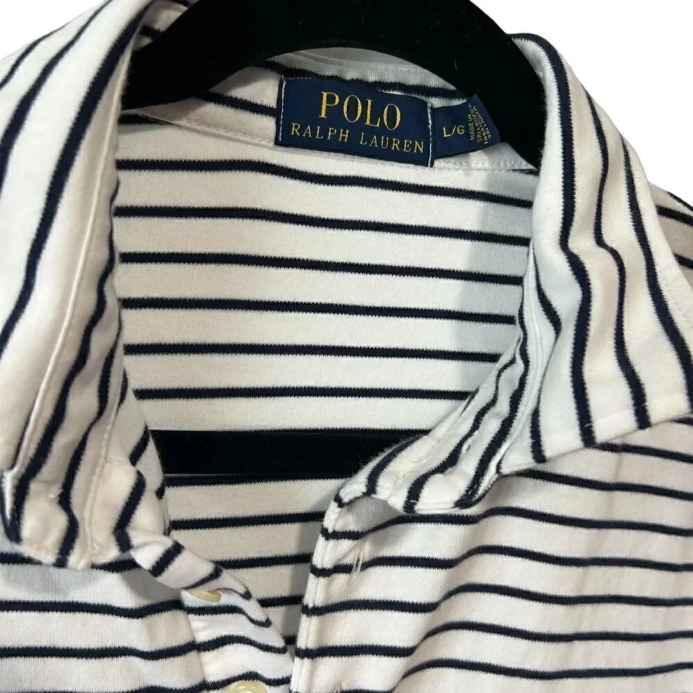 Ralph Lauren Polo Shirt Size L Mens White Striped Short Sleeved Polo Shirt